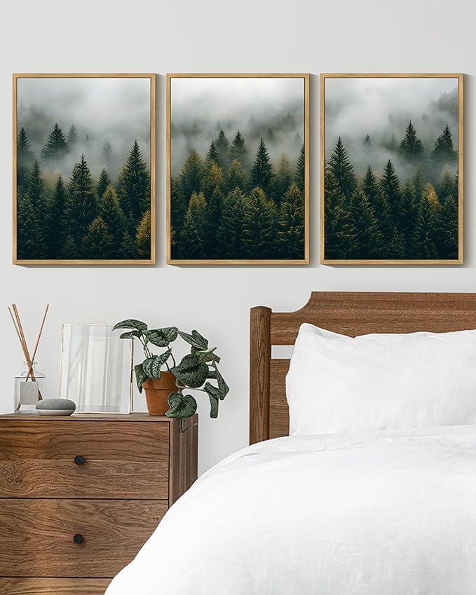 Drsoum Fog Pine Tree Landscape Wall Art Framed Nature Misty Nordic Forests Prints Morden Farmhouse Rustic Artwork Hallway Bathroom Ready to Hang 12x16in Natural Framed