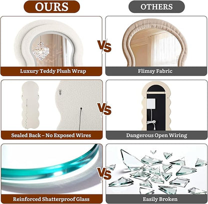 Wavy Wavy Full Length Mirror, 63"×24" Irregular Full Body Mirror with 3-Color Adjustable Light, Luxury Teddy-Velvet Frame Floor/Wall Mounted Mirror for Living Room/Bedroom/Dressing Room