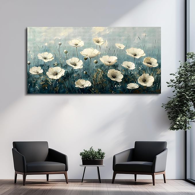 FUHAIHUA Canvas Wall Decor For Bedroom Large Wall Art For Living Room Office Decorations White Flowers Landscape Painting Modern Wall Pictures Aesthetics Posters Ready To Hang Home Decor 24x48 In