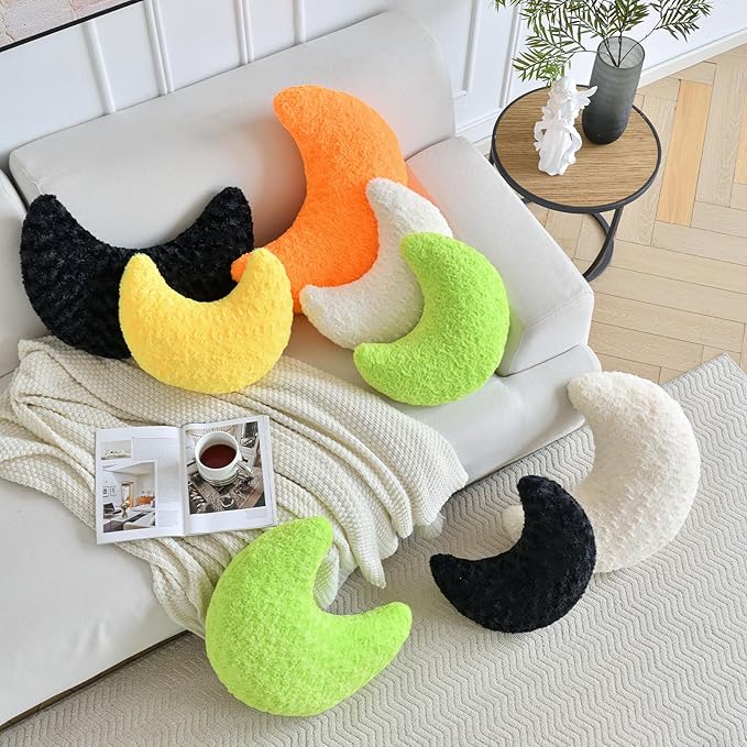 Moon Shaped Pillow with Soft Faux Fur for Couch, Bed, Sofa - Cute Half Moon Pillows with Room Decor for Bedroom, Living Room (14.9 Inches, Yellow)