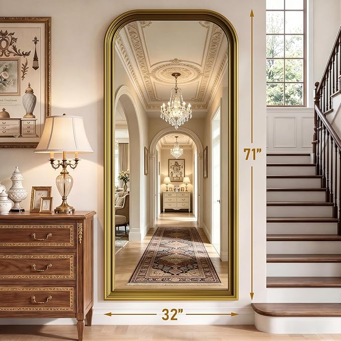 Full Length Mirror with Stand, 71"x32" Full Body Mirror, Floor Length Mirrors Wall Mounted with Rounded Top, Large Standing Mirrors, PU Frame, for Bedroom Living Room Cloakroom, Antique Gold
