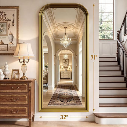 Full Length Mirror with Stand, 71"x32" Full Body Mirror, Floor Length Mirrors Wall Mounted with Rounded Top, Large Standing Mirrors, PU Frame, for Bedroom Living Room Cloakroom, Antique Gold