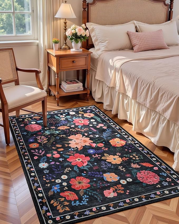 Macgace Black Floral Rug for Girls Bedroom, 4x6 Machine Washable Area Rugs with Non Slip Backingfor Living Room, Cute Flowers Carpet Kitchen Dining Room Kids Playroom Decor