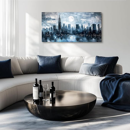 SERIMINO New York Skyline Wall Art, Urban Landscape Abstract Large Wall Decor, City Moon Night Landscape Artwork for Walls, Modern Aesthetic House Decorations Living Room Bedroom Office 24X48 Inch