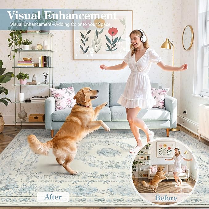 Wonnitar Bow Print Area Rug for Living Room, Ultra-Thin Blue 8x10 Washable Rug, Non Slip Soft Boho Floral Aesthetic Indoor Decor Carpet for Boys Playroom Dining Room Office