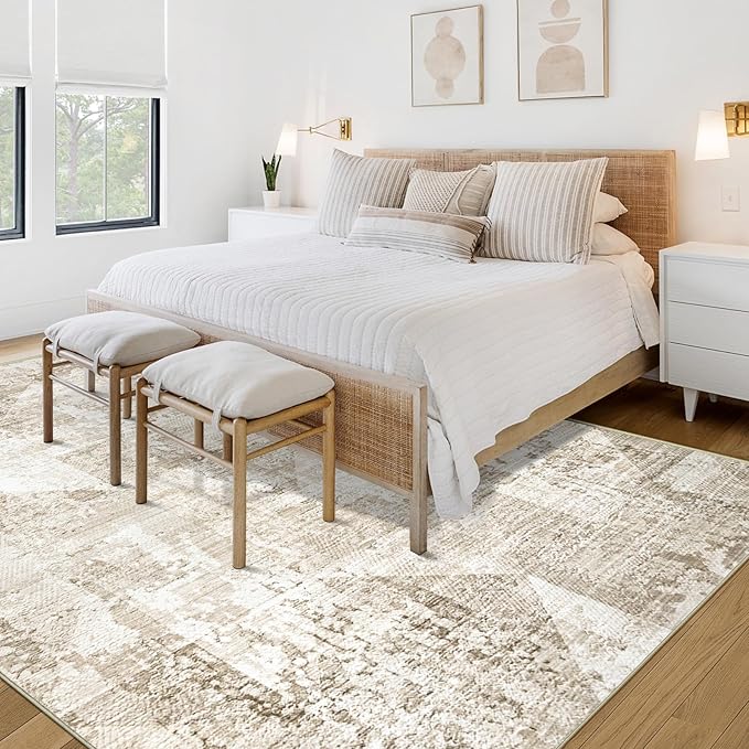 Area Rug for Living Room 9x12: Large Washable Boho Moroccan Rugs Geometric Neutral Rug, Non-Slip Foldable Morden Farmhouse Indoor Floor Carpet for Bedroom Dining Table Home(Neutral Beige, 9'X12')