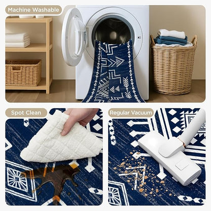 Joydeco 6x9 Moroccan Living Room Rugs, Navy Blue Washable Modern Area Rug for Bedroom, Western Low Pile Non Shedding Distressed Aztec Dining Room, Aztec Soft Non Slip Carpet for Office Home Decor