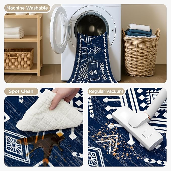 Joydeco 5x7 Moroccan Living Room Rugs, Navy Blue Washable Modern Bedroom Rug, Western Low Pile Non Shedding Distressed Aztec Dining Room, Aztec Soft Non Slip Carpet for Office Home Decor