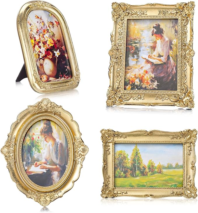 Geetery 4 Pcs Vintage Picture Frames Set, Gold Ornate Baroque Frames for Gallery Wall, Antique Victorian Decorative Photo Frame for Tabletop or Wall Display, Shabby Cottagecore Home Decor