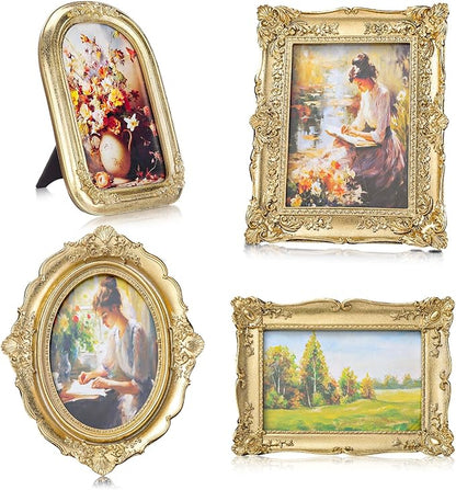 Geetery 4 Pcs Vintage Picture Frames Set, Gold Ornate Baroque Frames for Gallery Wall, Antique Victorian Decorative Photo Frame for Tabletop or Wall Display, Shabby Cottagecore Home Decor