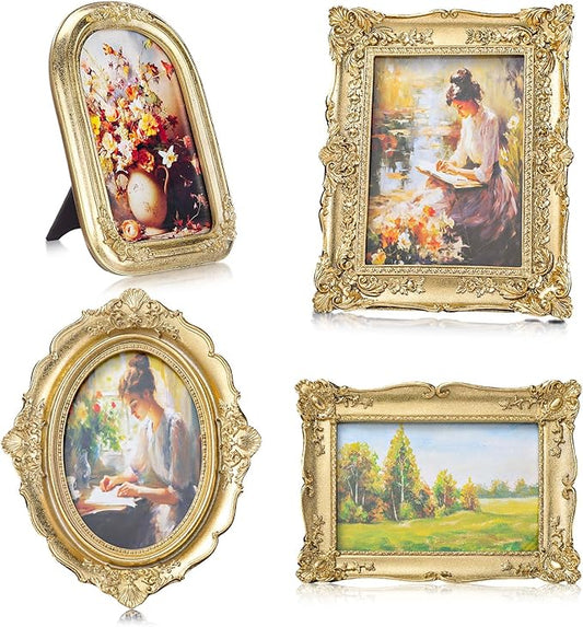 Geetery 4 Pcs Vintage Picture Frames Set, Gold Ornate Baroque Frames for Gallery Wall, Antique Victorian Decorative Photo Frame for Tabletop or Wall Display, Shabby Cottagecore Home Decor