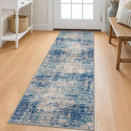 KILOCOCO Modern Abstract Runner Rug 2x6 ft Washable Hallway Runner Rug Non Slip Soft Pinted Kitchen Runners for Hallways Entryway Bedside Laundry Room Floor Runners, Blue/Grey/Beige