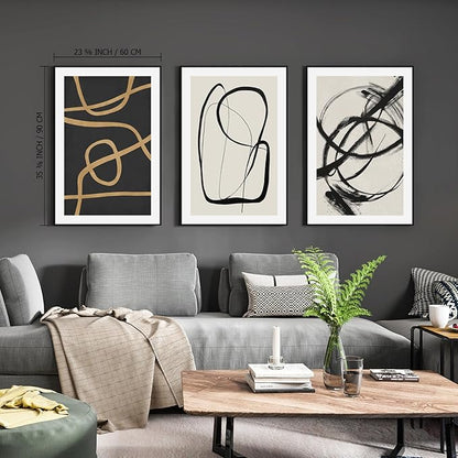SAFERRYHOME Abstract Graffiti Framed Black and White Black and Gold Wall Art Canvas Prints, Modern Sketches Street Art Decor for Living Room, Home Office, Dining Room, Loft - 3 Pieces 24x36 Inch