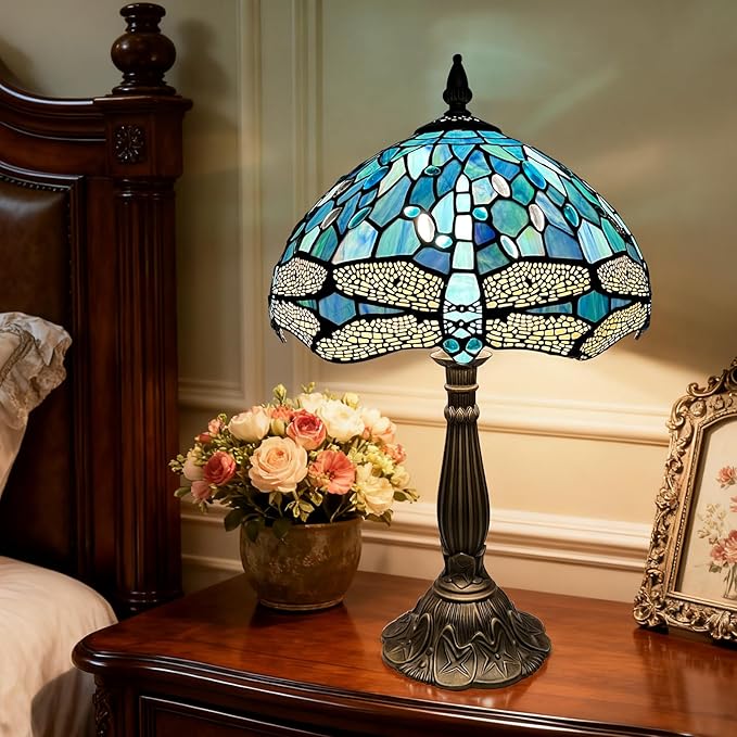 ARTZONE Tiffany Table Lamp[W12''xH20''], Tiffany Table Lights Antique Stained Glass Bedside Table Lamp for Bedside/Desk Reading/Living Room/Home Office/Bedroom(Dragonfly)