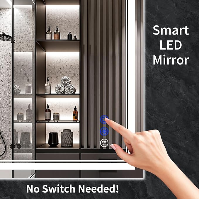 30"x22" LED Bathroom Mirror with Anti-Fog, Stepless Dimmable Lights, 3 Color Modes, Shatter-Proof Tempered Glass,Waterproof Design