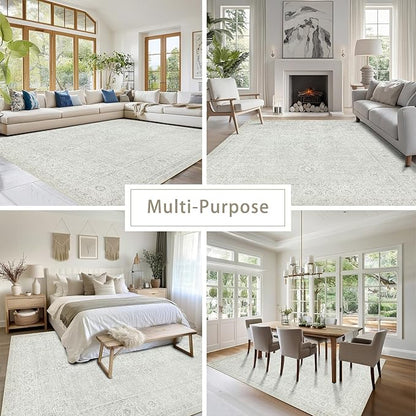 Srugn Washable Rugs 8x10 Area Rugs for Living Room,Bedroom,Dining Room- Large Ultra Soft Faux Wool Retro Carpets,Non Slip&Non-Shedding Low Pile Vintage Carpet for Home Office,Concrete Grey