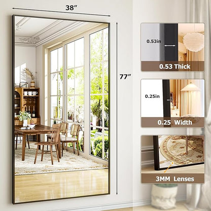Easly Full Length Mirror with Stand - 38"x77" Full Body Mirror for Floor, Wall Hanging or Leaning - Aluminum Alloy Frame for Living Room, Bedroom, Cloakroom - Black