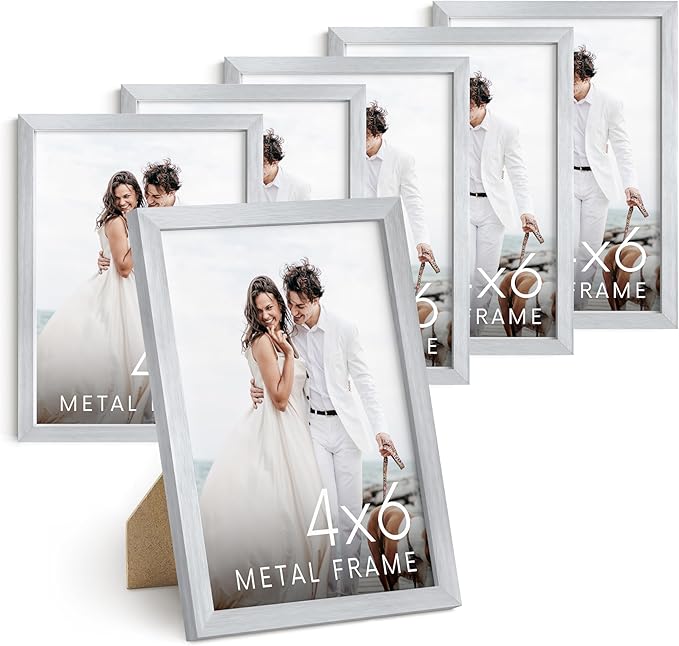 HAUS AND HUES 4x6 Silver Metal Picture Frames - Photo Frames 4X6 - Features Premium Aluminum, Vertical Hanging, Easel Back for Tabletop, Home, Office (4x6 in, Silver, Set of 6)