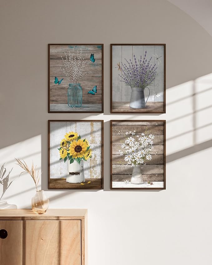 HAUS AND HUES Flower Wall Decor - Set of 4 Floral Art Prints, Framed Flower Paintings, Botanical Wall Art, Vintage Floral Pictures, Nature-Inspired Decor (Framed Walnut, 8x10)