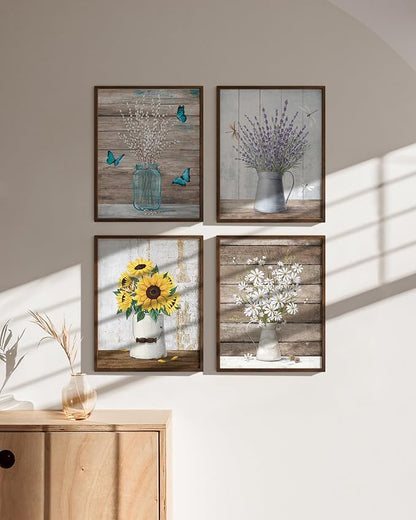HAUS AND HUES Flower Wall Decor - Set of 4 Floral Art Prints, Framed Flower Paintings, Botanical Wall Art, Vintage Floral Pictures, Nature-Inspired Decor (Framed Walnut, 8x10)