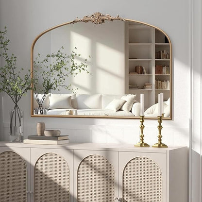 Besdomus Large Arched Vintage Mirror: 48"x33" French Oversize Champagne Gold Antique Wall Mounted Mirror - Baroque Traditional Ornate for Fireplace/Bathroom/Living Room - Home Decor for Housewife