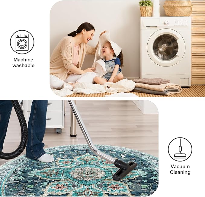 BESTSWEETIE 6ft Area Rug Washable Rugs for Living Room, No Pile Boho Carpet for Entryway Bedroom Dinning Room, Vintage Carpet Print Distressed Non-Slip, 72" Round, Teal Dark Green