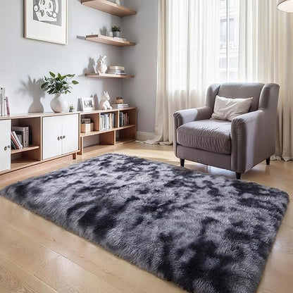 KICHOWUA Thick Area Rug Dark Grey Fluffy Shag 6x9 for Bedroom Living Room Ultra Soft Plush Fuzzy Washable Thickened Non-Slip Carpet, Comfy Shaggy Furry Rug for Kids Baby Nursery Dorm, Tie-Dye Gray