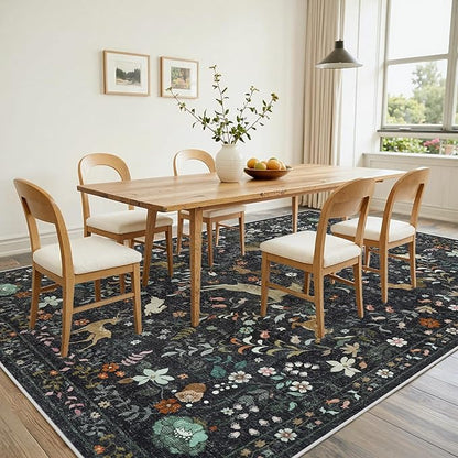 9x12 Area Rugs Washable Rug: Lagre Boho Living Room Rug Soft Non-Slip Thin Carpet Indoor Floor Non-Shedding Neutral Floral Carpets for Bedroom Dining Room Farmhouse Nursery Black