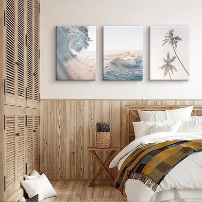 HDXUFJQ Beach Waves Canvas Wall Art Light Blue Palm Tree Picture Wall Decor Sea Wave Seawater Ocean Wave Art Prints Coastal Coconut Trees Neutral Blue Sea Seascape Wall Decor(16"x24")