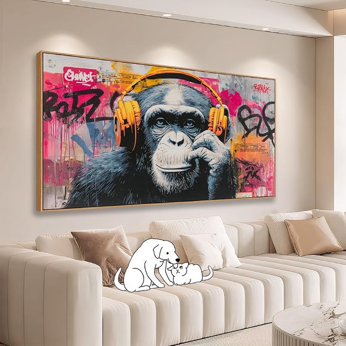 Sorbrozo Colorful Gorilla Wall Art With Headphones Animal Canvas Painting Music DJ Street Graffiti Art Print Boy Bedroom Wall decoration 20X40in