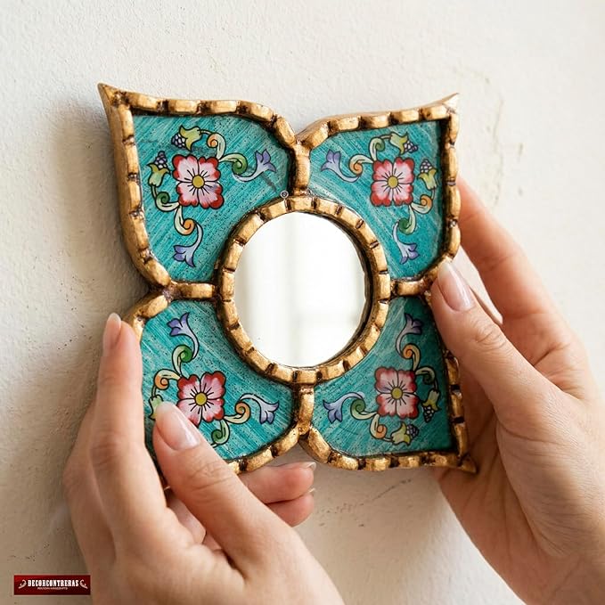 Peruvian Artisan Mirror for wall Decor– Small Diamond/Square wall Mirror with Bronze Leaf Frame (Turquoise)