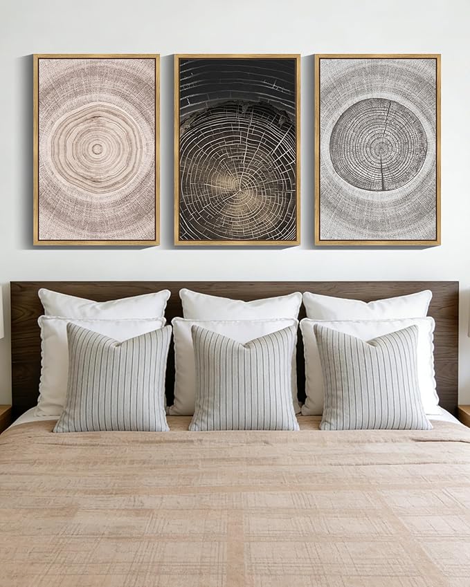 PHOPAGO Vintage Wood Tree Rings Wall Art 16x24in Farmhouse Rustic Framed Canvas Paintings Living Room Bedroom Decor Nature Artwork Natural Framed