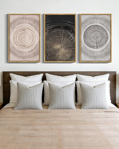 PHOPAGO Vintage Wood Tree Rings Wall Art 16x24in Farmhouse Rustic Framed Canvas Paintings Living Room Bedroom Decor Nature Artwork Natural Framed