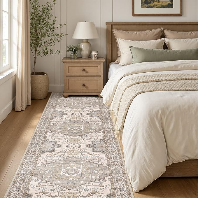 Washable 3x8 Runner Rugs: Non Slip Vintage Brown Area Rugs for Living Room, Large Soft Stain Resistant Indoor Floor Carpets for Bedroom Dining Room Nursery Home Office Kid & Pet Friendly