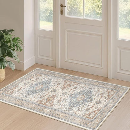 2x4 Rug Washable Runner Rug: Small Vintage Neutral Non-Slip Soft Accent Doormat Stain Resistant Floor Throw Mat for Entryway Kitchen Bedroom Nursery Entry Dorm- Beige Blue