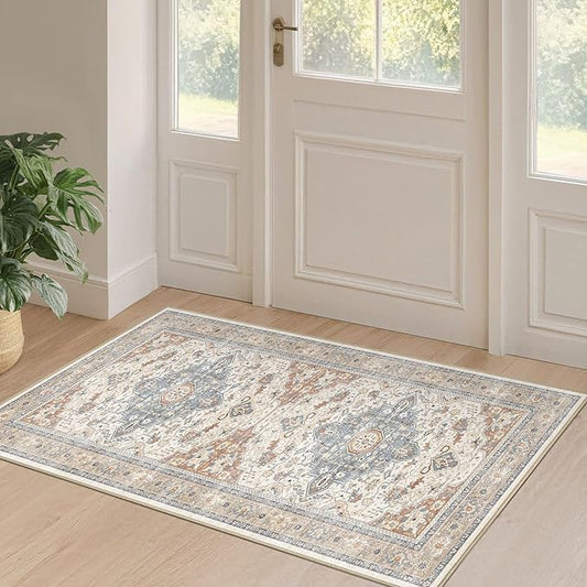 2x4 Rug Washable Runner Rug: Small Vintage Neutral Non-Slip Soft Accent Doormat Stain Resistant Floor Throw Mat for Entryway Kitchen Bedroom Nursery Entry Dorm- Beige Blue