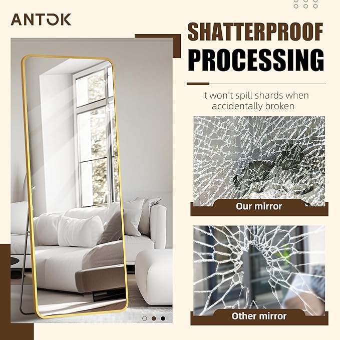 Antok Over The Door Mirror Full Length, 58'' x 21''Wall Mounted Hanging Mirror, Aluminum Alloy Frame, Shatterproof Glass, No Drill Installation for Bedroom, Closet, Bathroom, Dorm, Round Corner,Gold