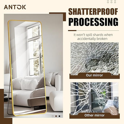 Antok Over The Door Mirror Full Length, 58'' x 21''Wall Mounted Hanging Mirror, Aluminum Alloy Frame, Shatterproof Glass, No Drill Installation for Bedroom, Closet, Bathroom, Dorm, Round Corner,Gold