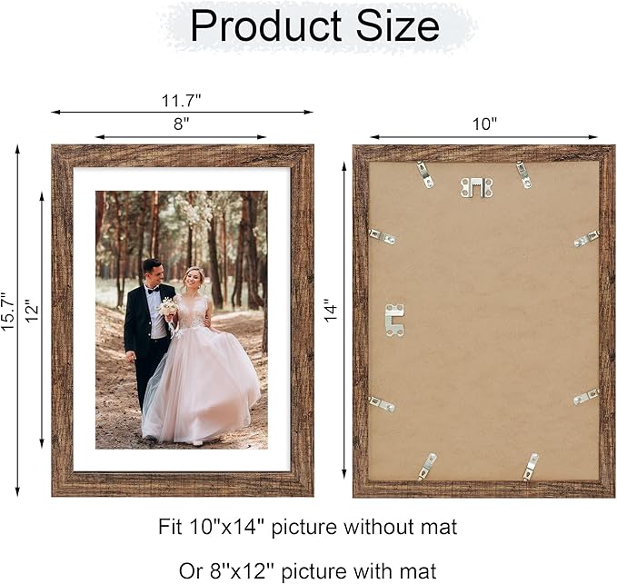 iRahmen 10x14 Picture Frame with Mat 8x12 - High Definition Tempered Glass Wooden Photo Frames for Wall Mounting (Brown, Set of 2)