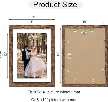 iRahmen 10x14 Picture Frame with Mat 8x12 - High Definition Tempered Glass Wooden Photo Frames for Wall Mounting (Brown, Set of 2)