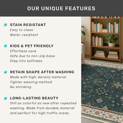 Hazo Haus Dark Green Oushak 5x8 Living Room Rug - Modern Vintage Boho Eclectic Floral Pastel, Washable Low Pile Non-Slip Large Area Rugs for Nursery Dining Under Table Bedroom Lounge