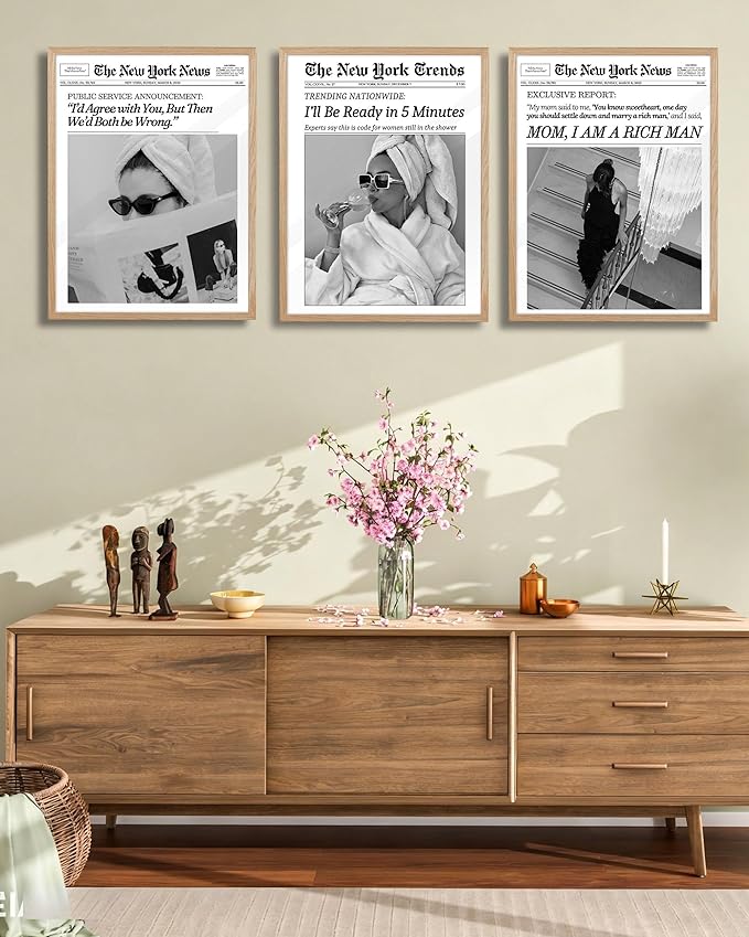 EcoHest 12x16 in Beige OAK Wood Framed Wall Art, Trendy Newspaper I'll Be Ready in 5 Minutes Print, Feminist Makeup Canvas Wall Art Home Decor, Retro Bathroom Decor, Set of 1 For Bedroom Living Room
