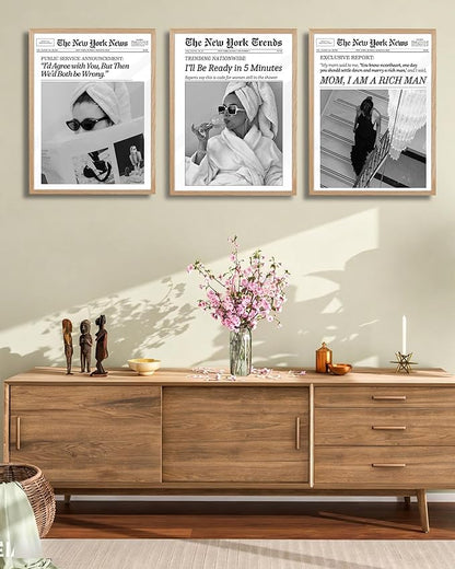 EcoHest 12x16 in Beige OAK Wood Framed Wall Art, Trendy Newspaper I'll Be Ready in 5 Minutes Print, Feminist Makeup Canvas Wall Art Home Decor, Retro Bathroom Decor, Set of 1 For Bedroom Living Room