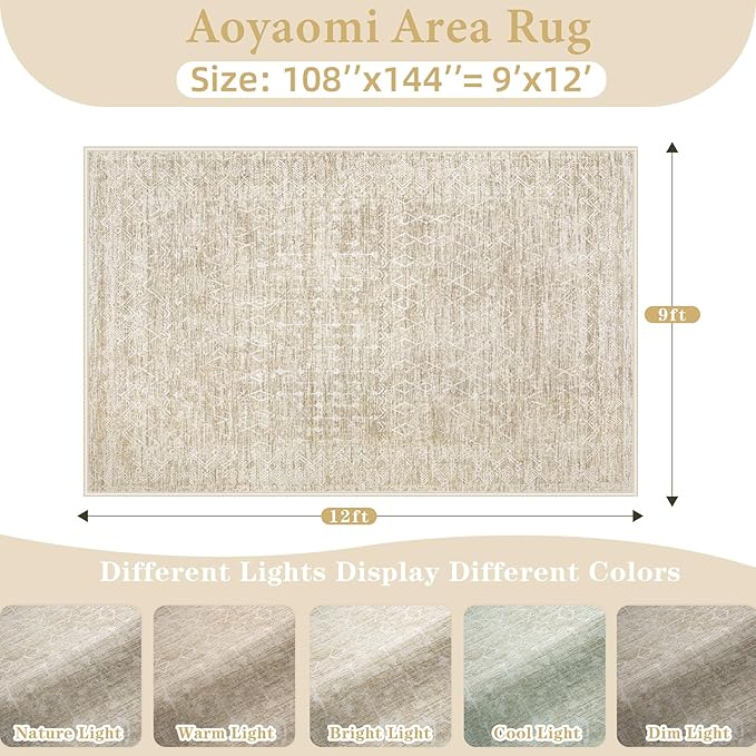 Area Rug for Living Room 9x12: Large Washable Boho Moroccan Rugs Geometric Neutral Rug, Non-Slip Foldable Morden Farmhouse Indoor Floor Carpet for Bedroom Dining Table Home (Moroccan Beige, 9'x12')