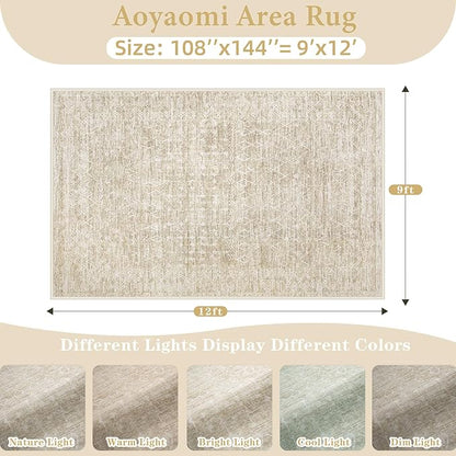 Area Rug for Living Room 9x12: Large Washable Boho Moroccan Rugs Geometric Neutral Rug, Non-Slip Foldable Morden Farmhouse Indoor Floor Carpet for Bedroom Dining Table Home (Moroccan Beige, 9'x12')