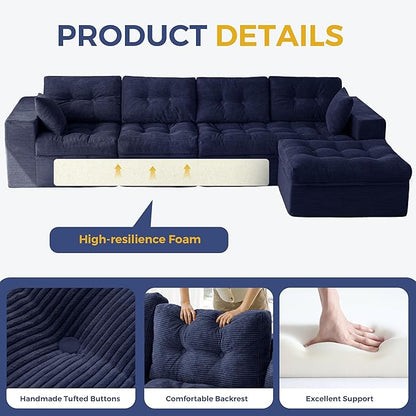 MAXYOYO 132" L Shaped Modular Sectional Sofa with Ottoman, Cloud Boneless Couch with Layered Cushion, Upholstered Sofa in a Box, Flexible Module Combination for Living Room, No Assembly, Navy