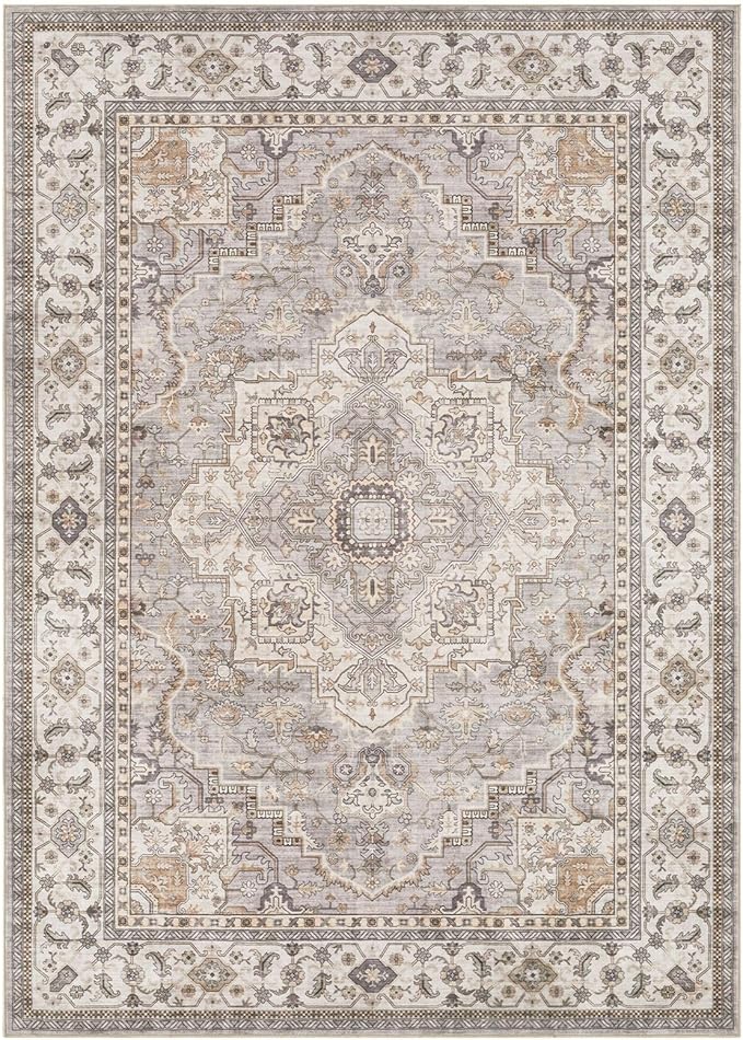 EIEIHOUSE Washable Area Rugs for Living Room - 7x9 Neutral Vintage Distressed Floral Farmhouse Boho Large Soft Floor Rug Indoor Non Slip Carpet for Living Room Bedroom Dining Room Office - Grey Brown