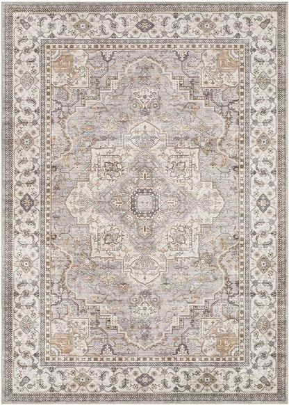 EIEIHOUSE Washable Area Rugs for Living Room - 7x9 Neutral Vintage Distressed Floral Farmhouse Boho Large Soft Floor Rug Indoor Non Slip Carpet for Living Room Bedroom Dining Room Office - Grey Brown