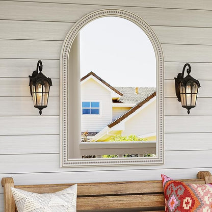 Boho Mirror for Wall, 28" x 40" Farmhouse Arched Rustic Wooden Frame Mirror with Beaded, Arch Decorative Wall Mirrors for Bathroom, Vanity, Living Room, Entryway