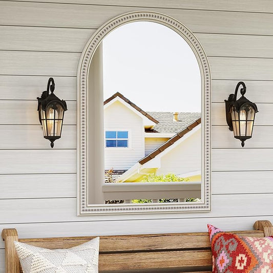 Boho Mirror for Wall, 28" x 40" Farmhouse Arched Rustic Wooden Frame Mirror with Beaded, Arch Decorative Wall Mirrors for Bathroom, Vanity, Living Room, Entryway